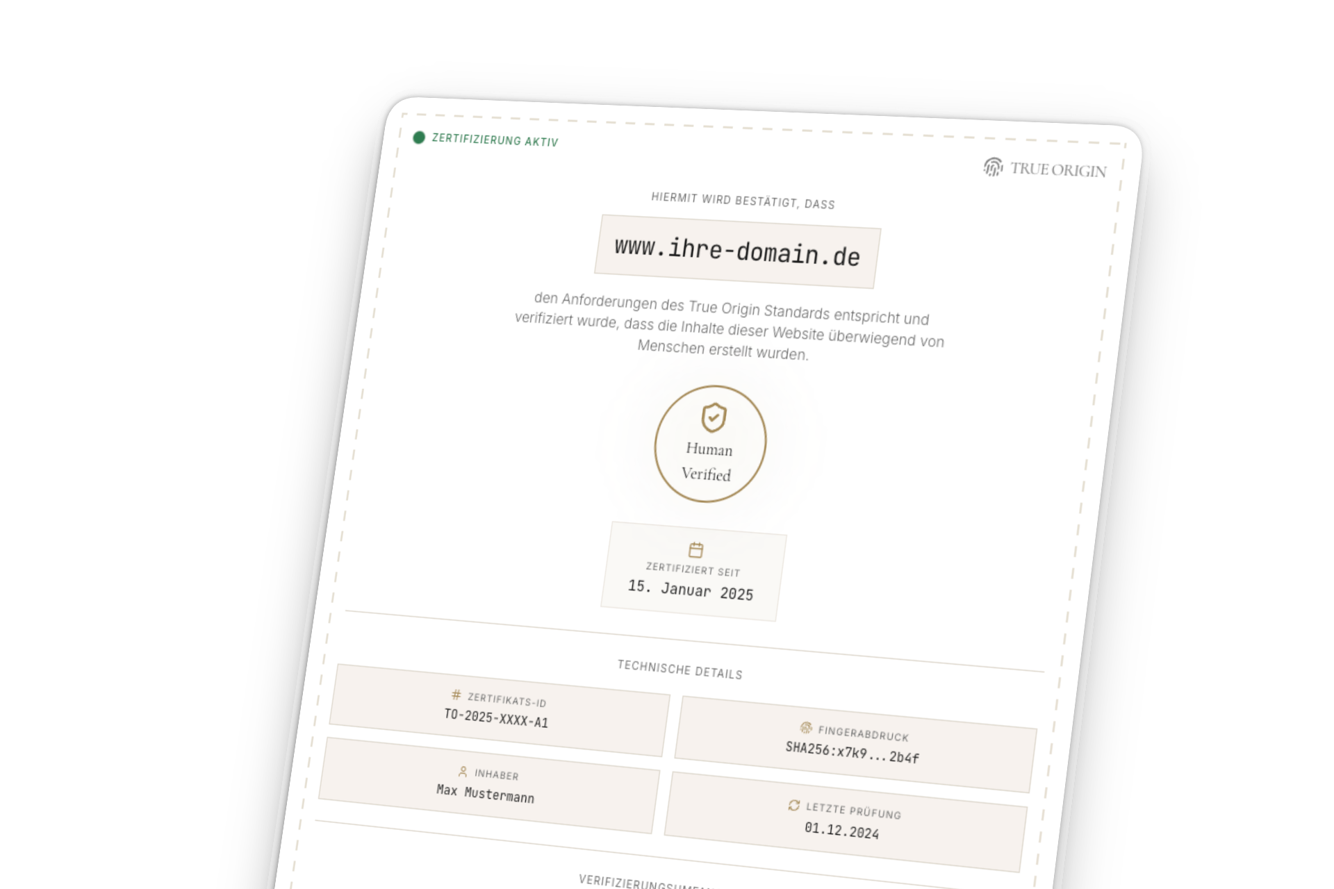 True Origin Zertifikat Vorschau